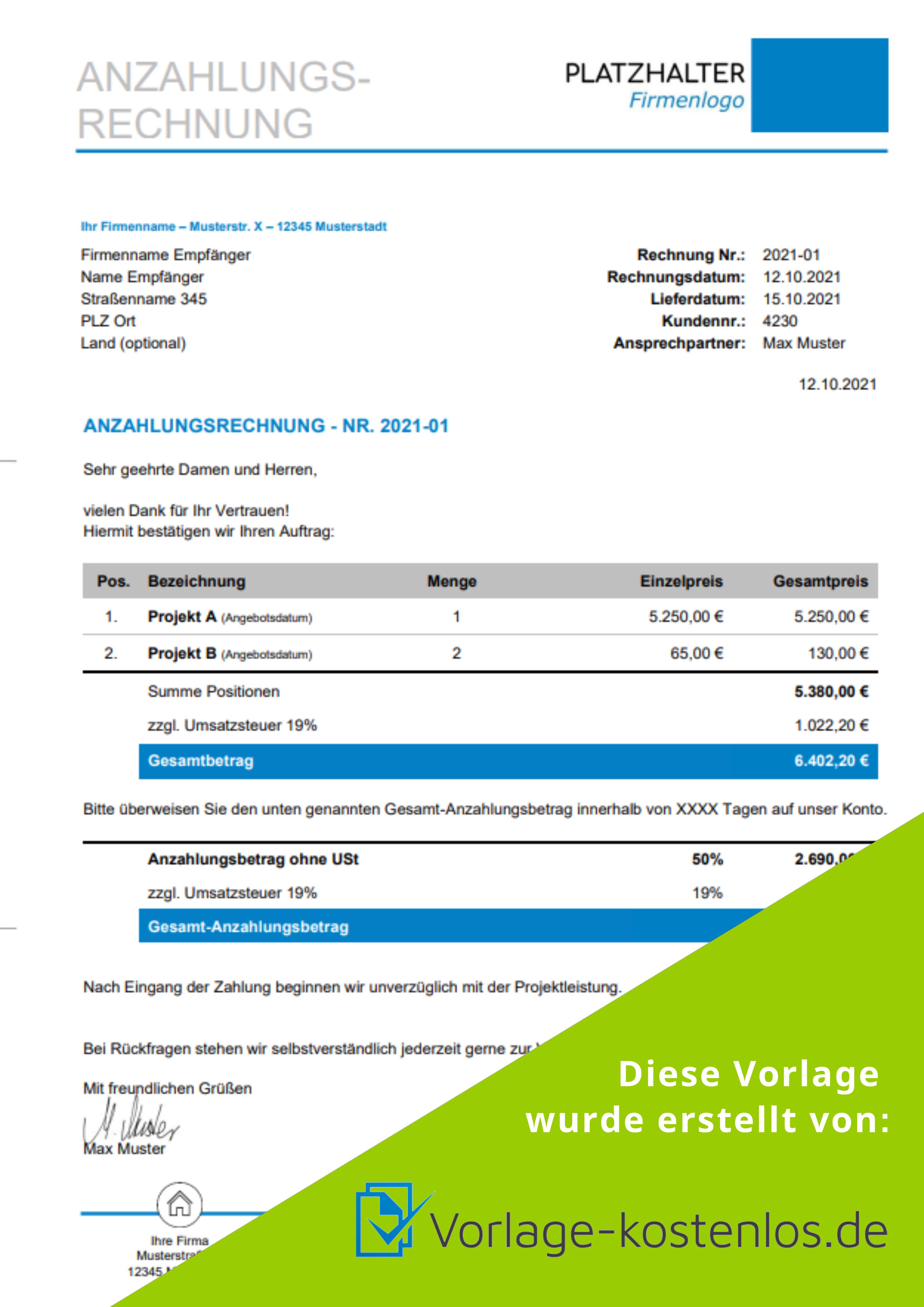 Anzahlungsrechnung Muster-Beispiel & Vordruck zum Download von vorlage-kostenlos.de