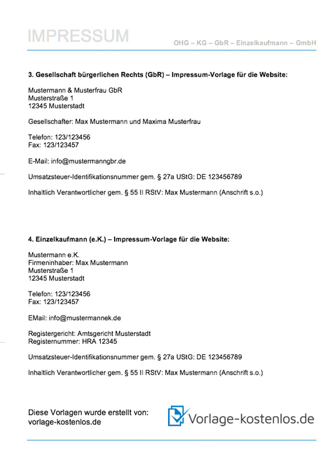 Impressum Vorlage Muster-Beispiel & Vordruck zum Download von vorlage-kostenlos.de