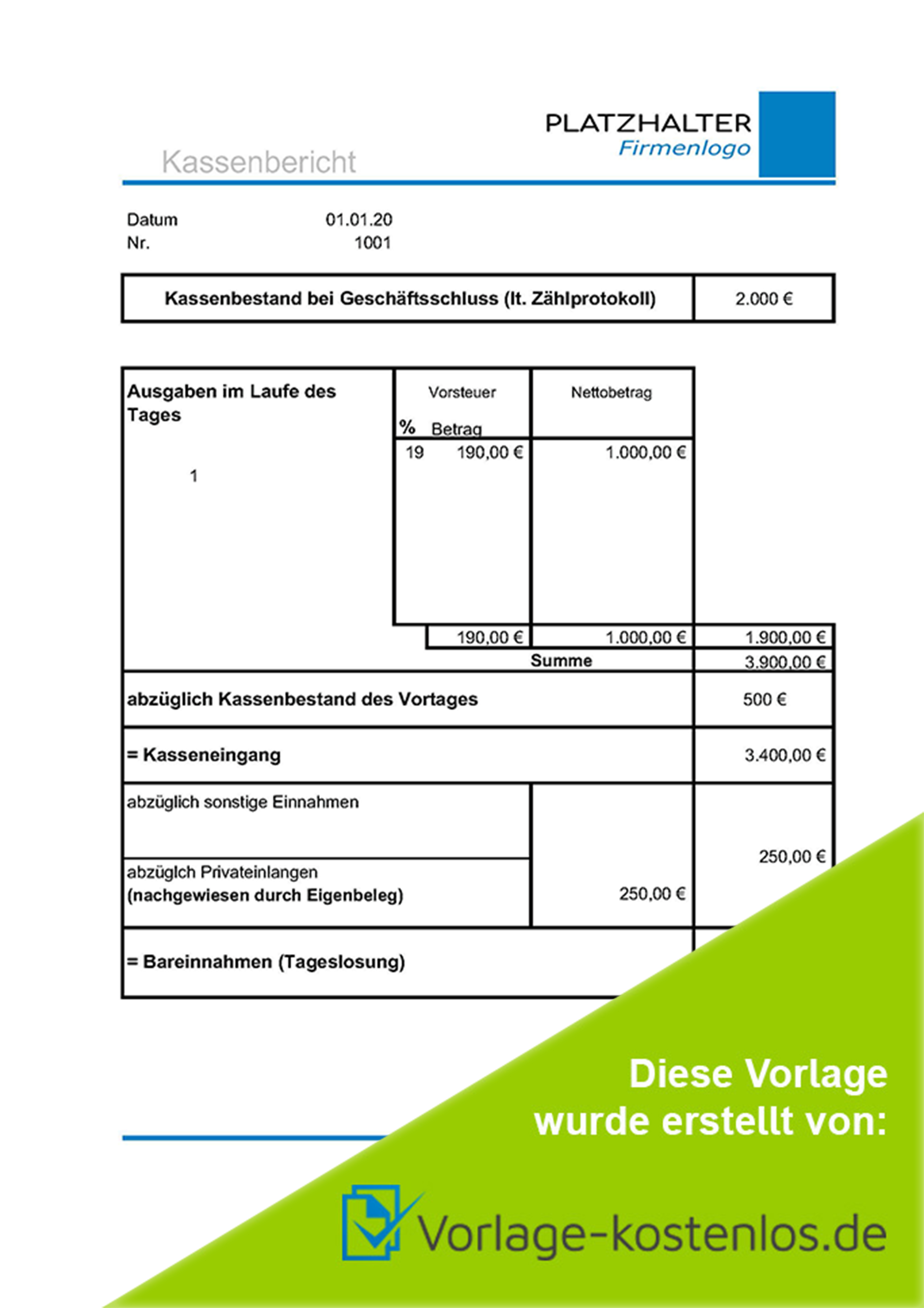 Kassenbericht Vorlage Muster-Beispiel & Vordruck zum Download von vorlage-kostenlos.de