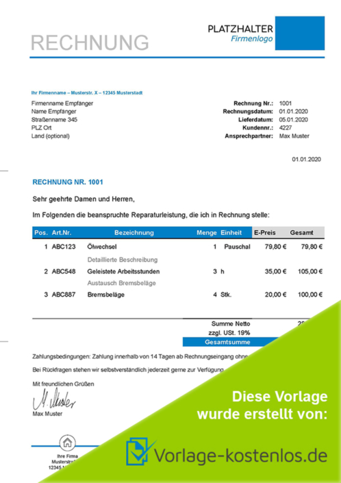 Kfz Rechnung Muster kostenloser Word \u0026 Excel Download