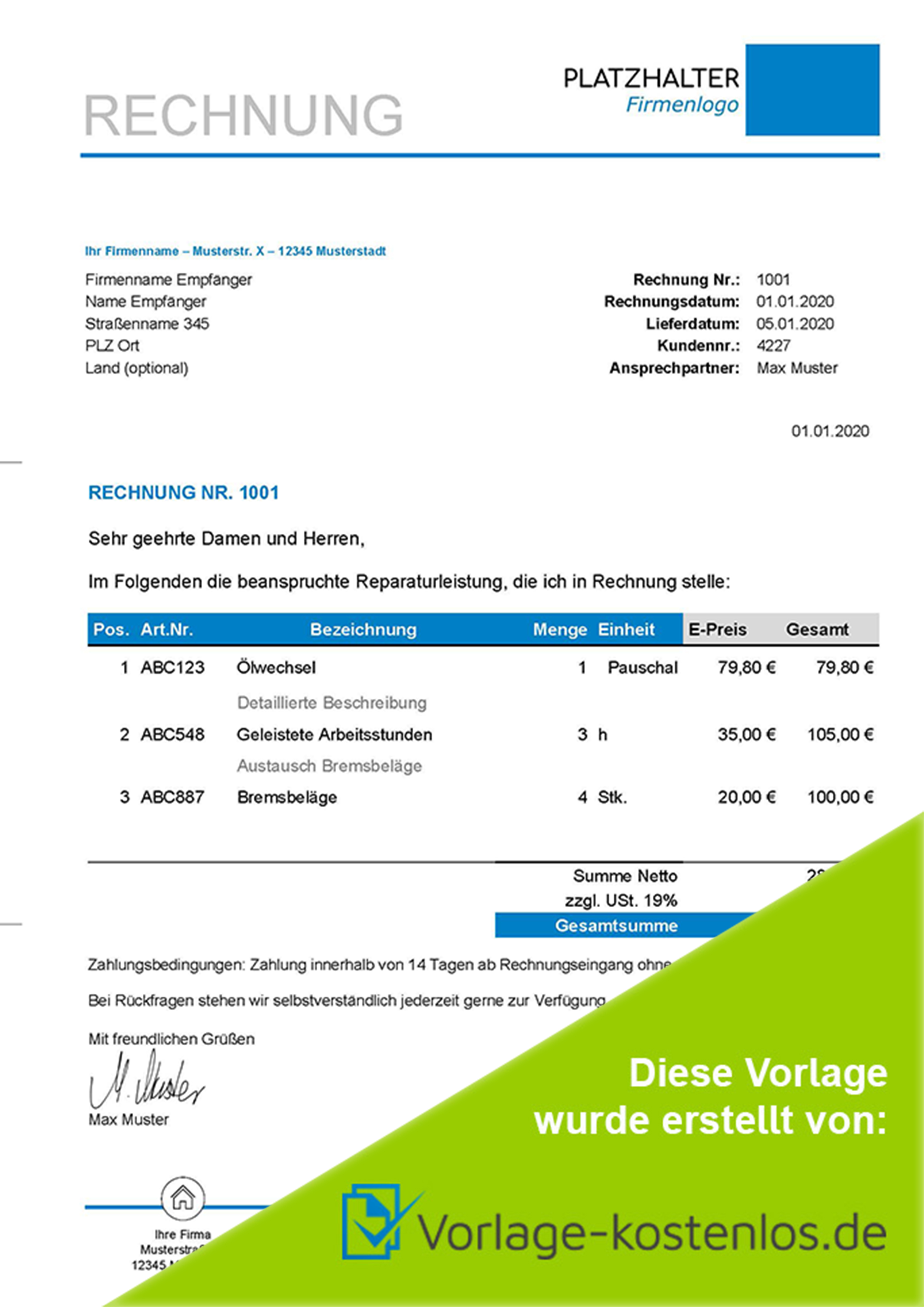 Kfz Rechnung Muster Muster-Beispiel & Vordruck zum Download von vorlage-kostenlos.de