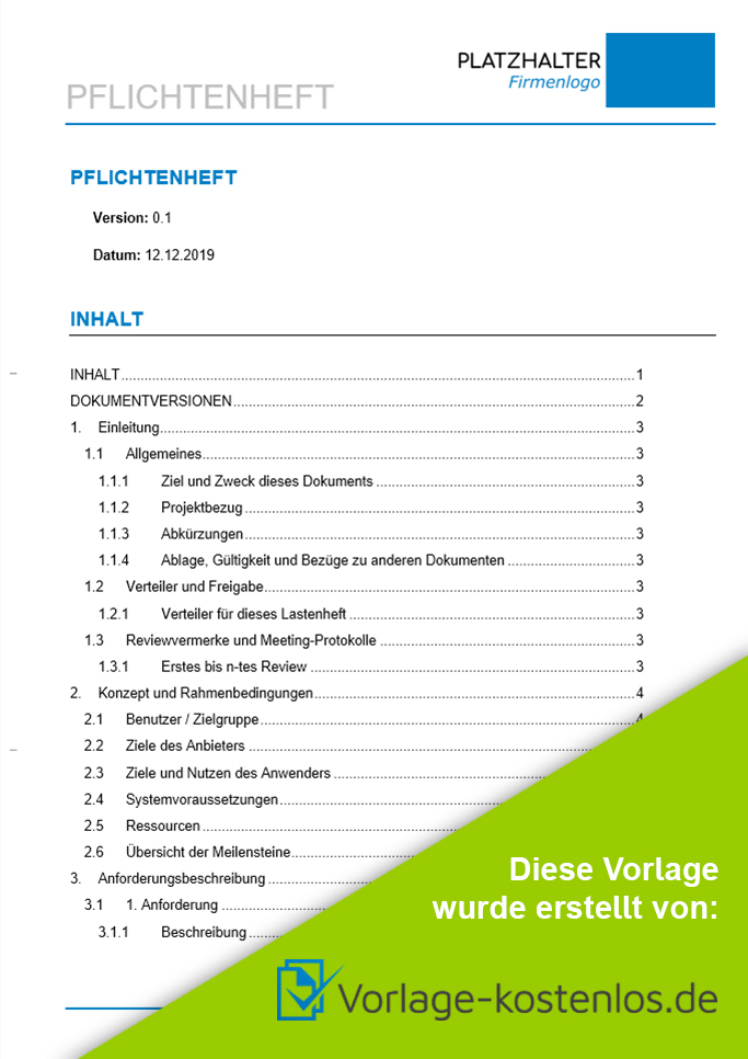Pflichtenheft Muster-Beispiel & Vordruck zum Download von vorlage-kostenlos.de