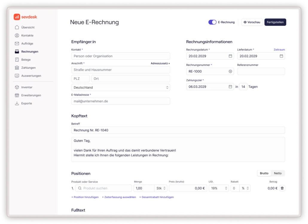 Screenshot vom sevdesk Rechnungsprogramm
