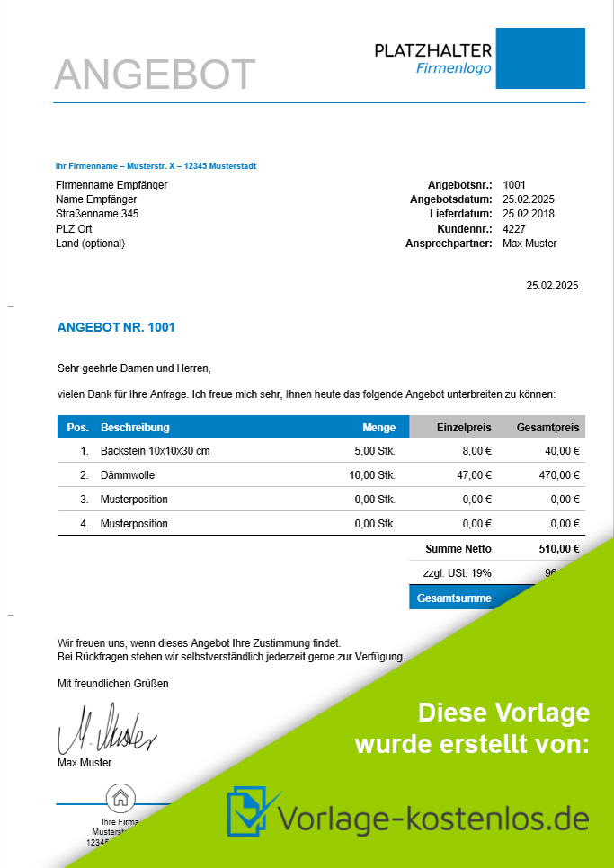 Angebotsvorlage Kostenlose Muster F r Word Excel Zum Download