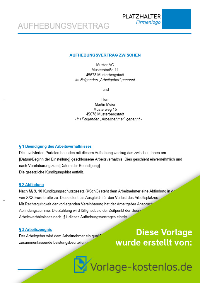 Aufhebungsvertrag Muster-Beispiel & Vordruck zum Download von vorlage-kostenlos.de