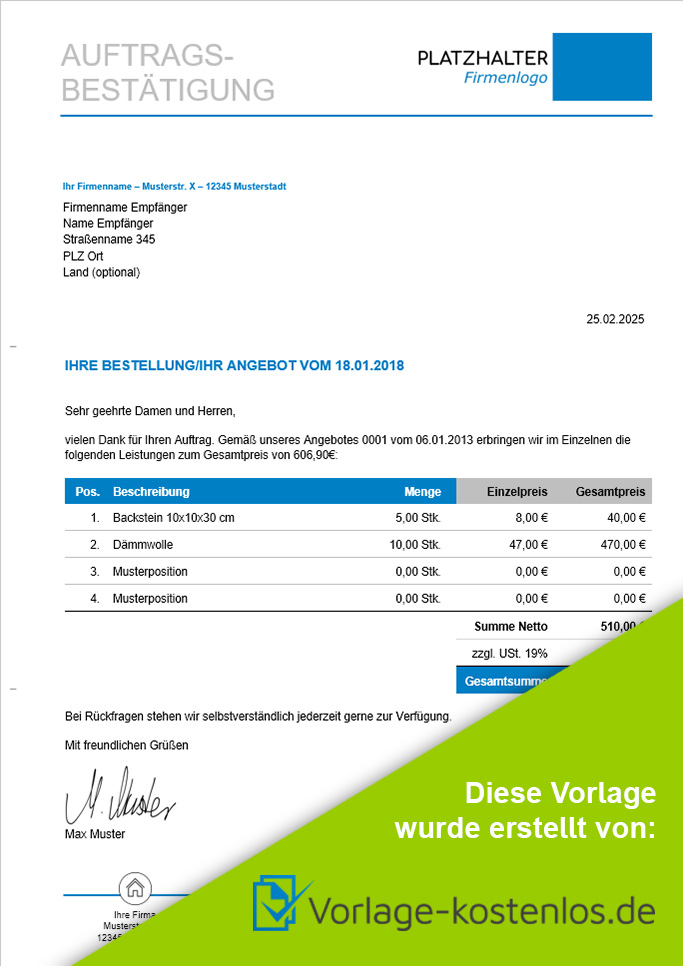 Auftragsbestätigung Muster kostenlose Vorlage zum Download