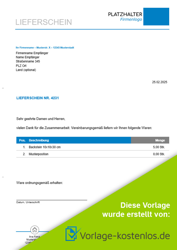 Lieferschein Muster-Beispiel & Vordruck zum Download von vorlage-kostenlos.de