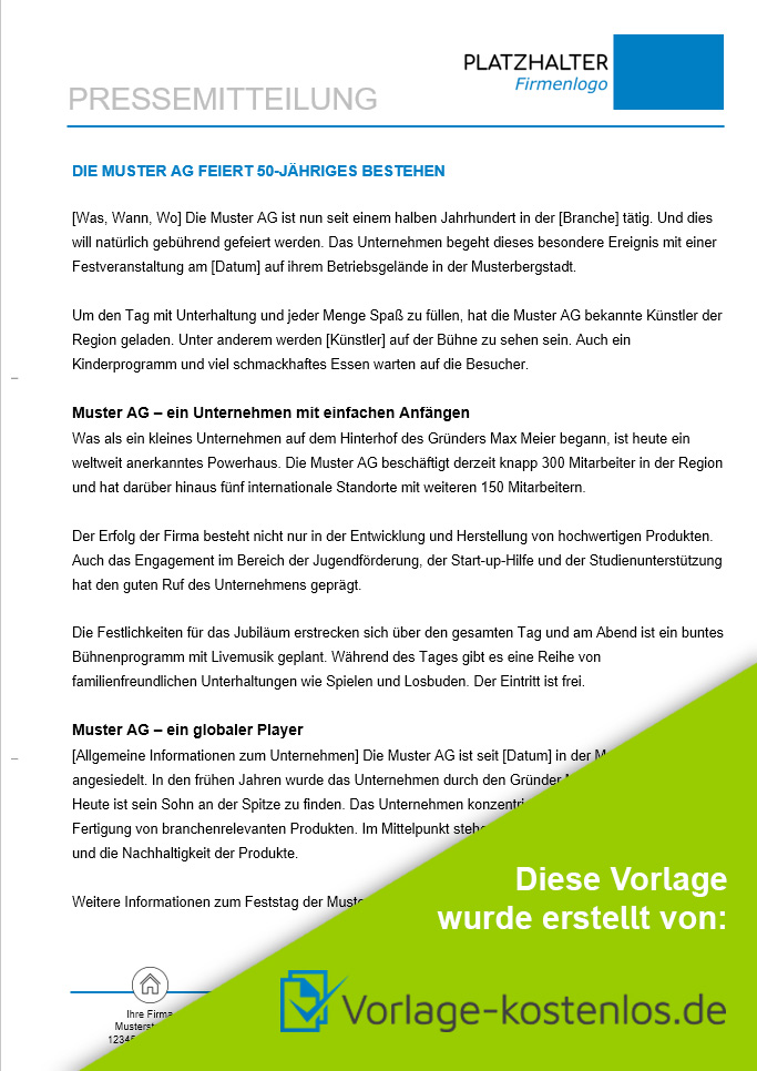 Pressemitteilung Muster-Beispiel & Vordruck zum Download von vorlage-kostenlos.de