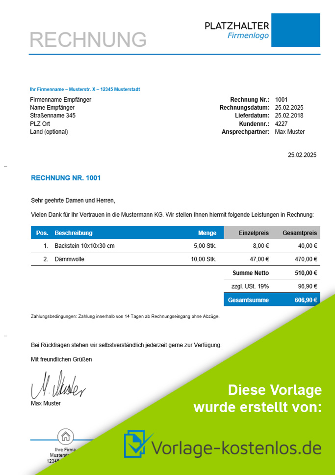 Rechnungsvorlage Kostenlose Muster In Excel Word Zum Download