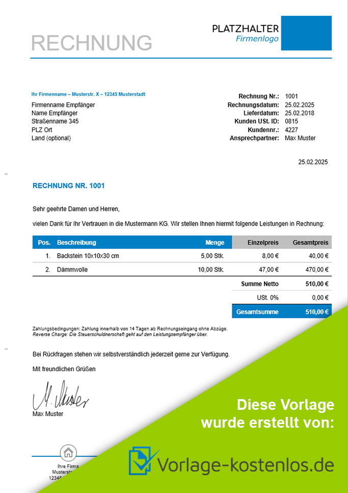 Reverse Charge Rechnung Muster-Beispiel & Vordruck zum Download von vorlage-kostenlos.de