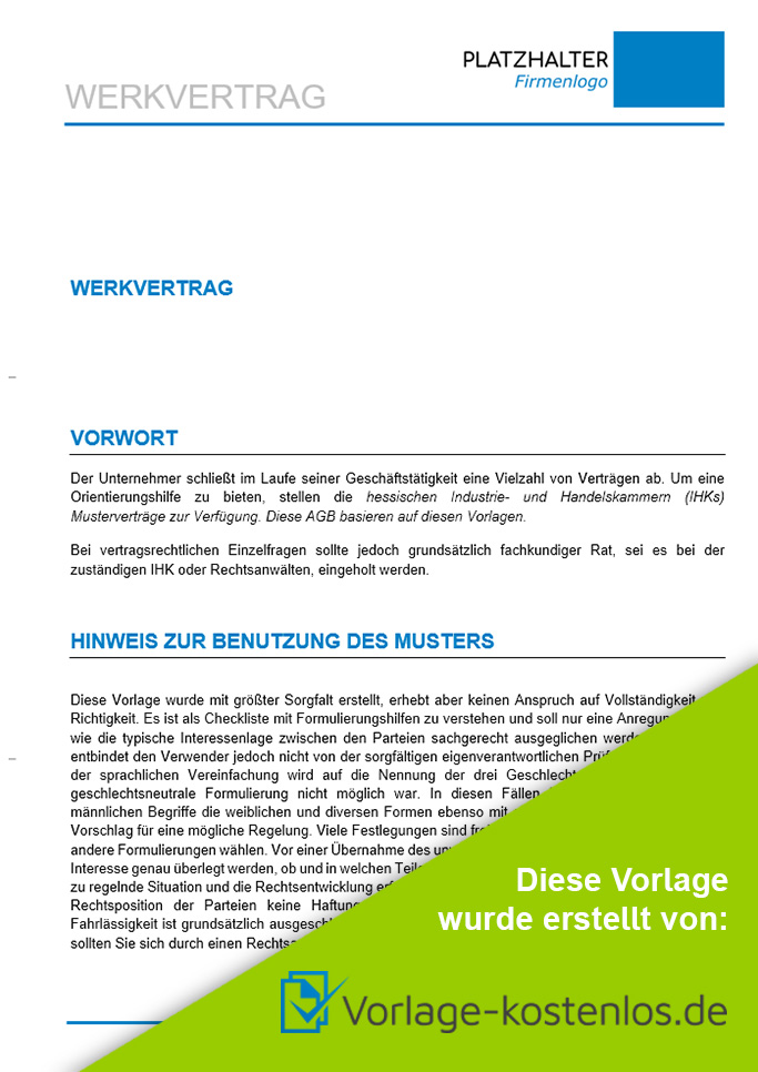 Werkvertrag Muster-Beispiel & Vordruck zum Download von vorlage-kostenlos.de