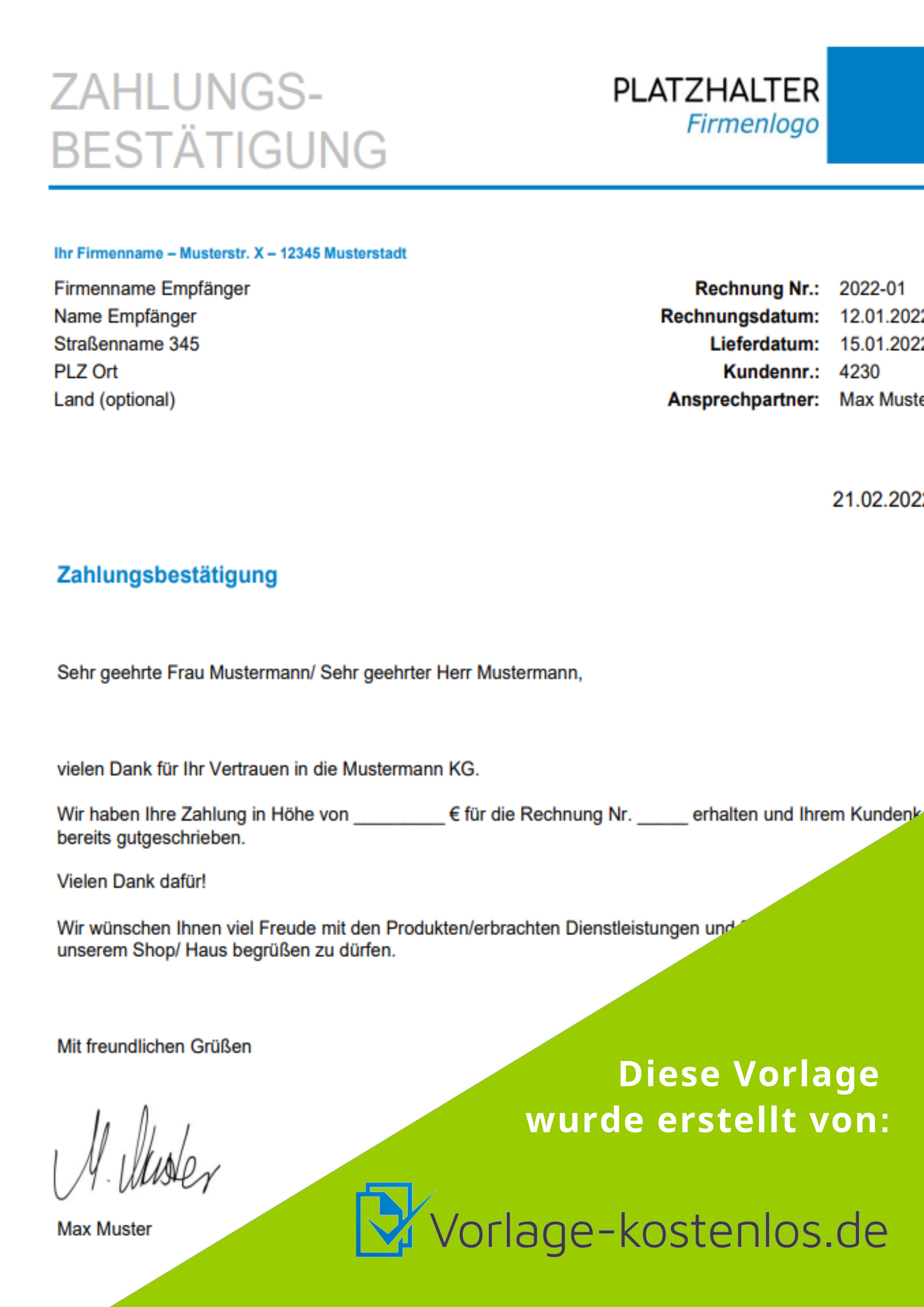 Zahlungsbestaetigung Vorlage Muster-Beispiel & Vordruck zum Download von vorlage-kostenlos.de