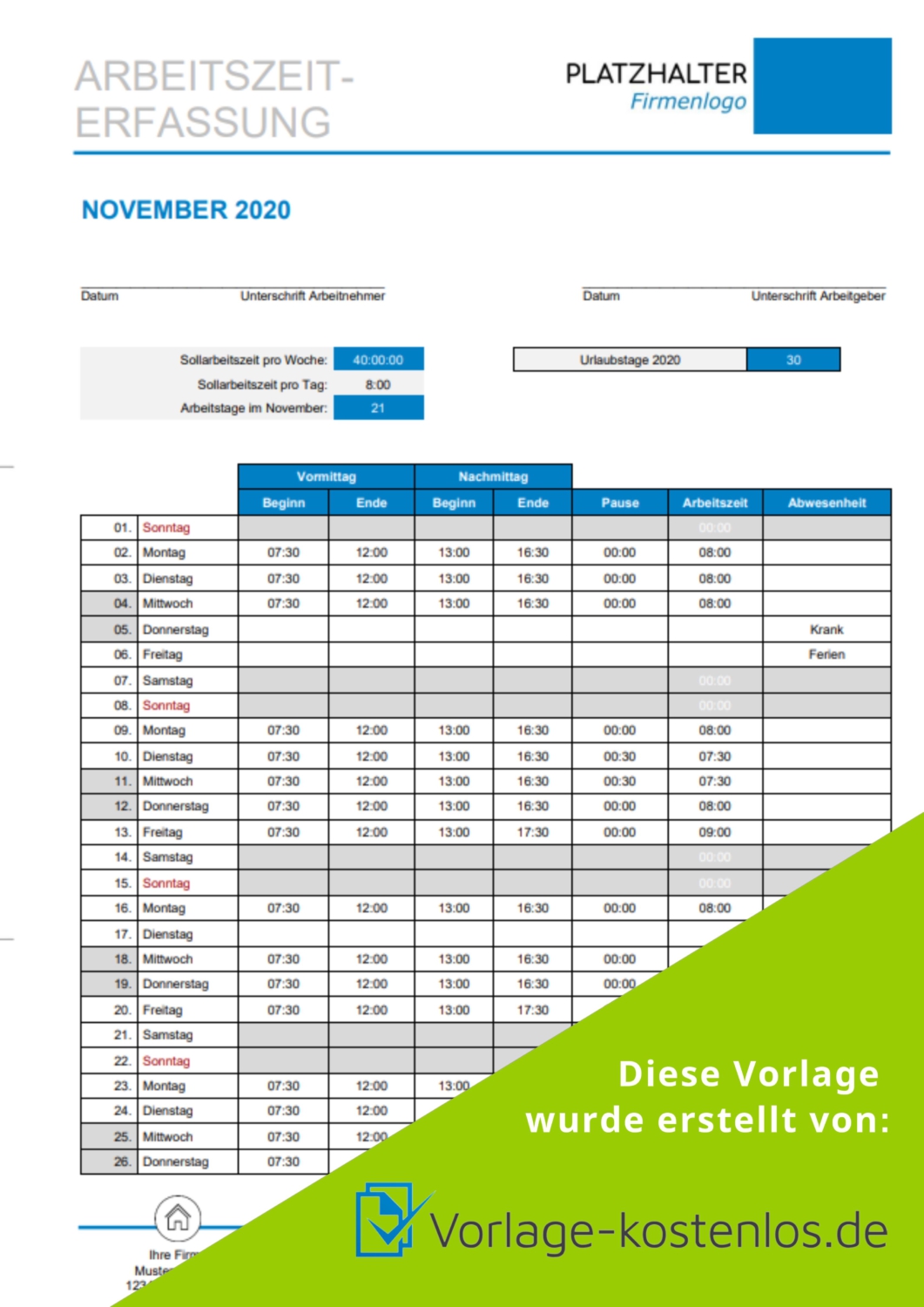 Kostenlose Zeiterfassung Vorlage als Word & Excel